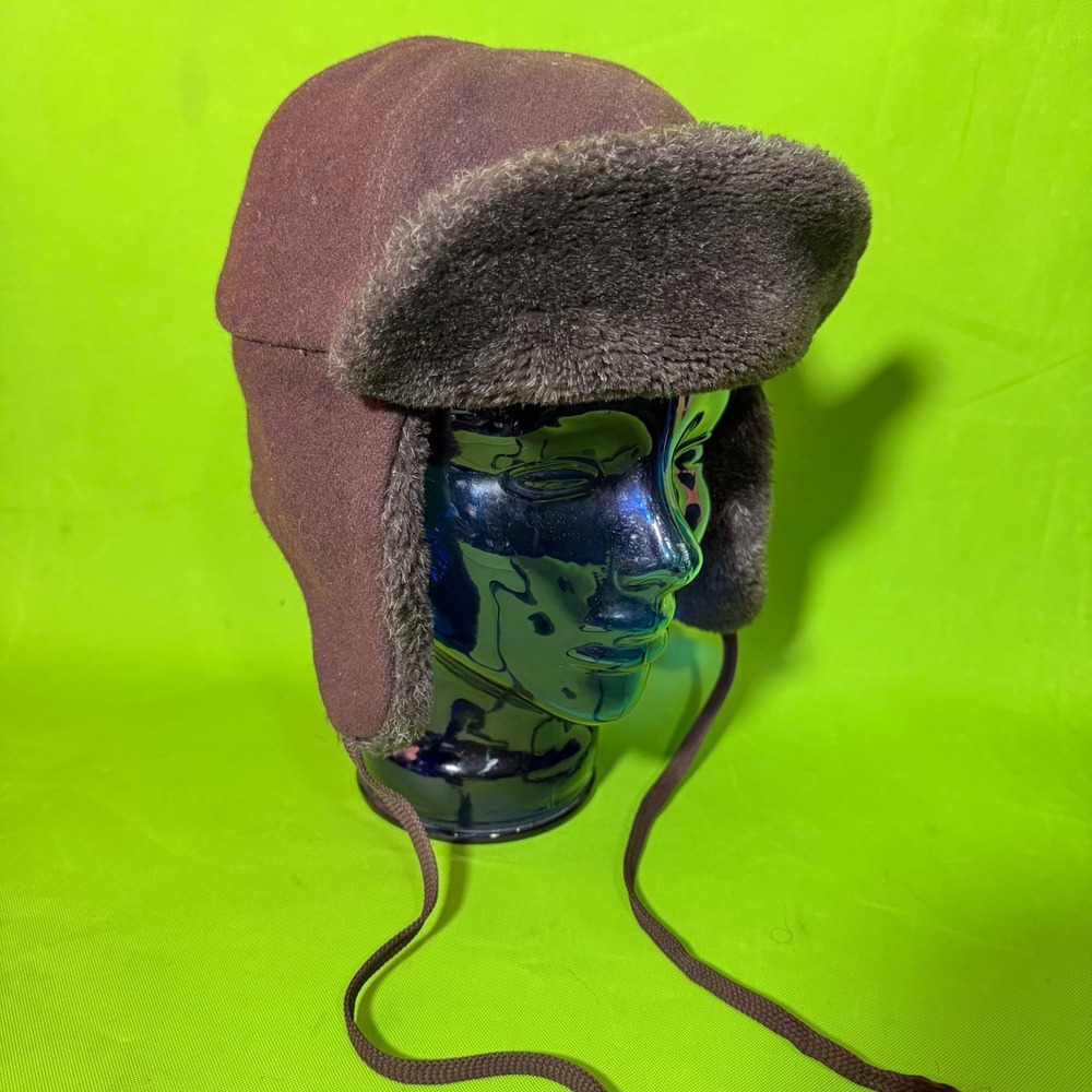 J.Crew Brown Wool Blend Trapper Hat Faux Fur Lined Aviator Ear Flap Cap USA Made